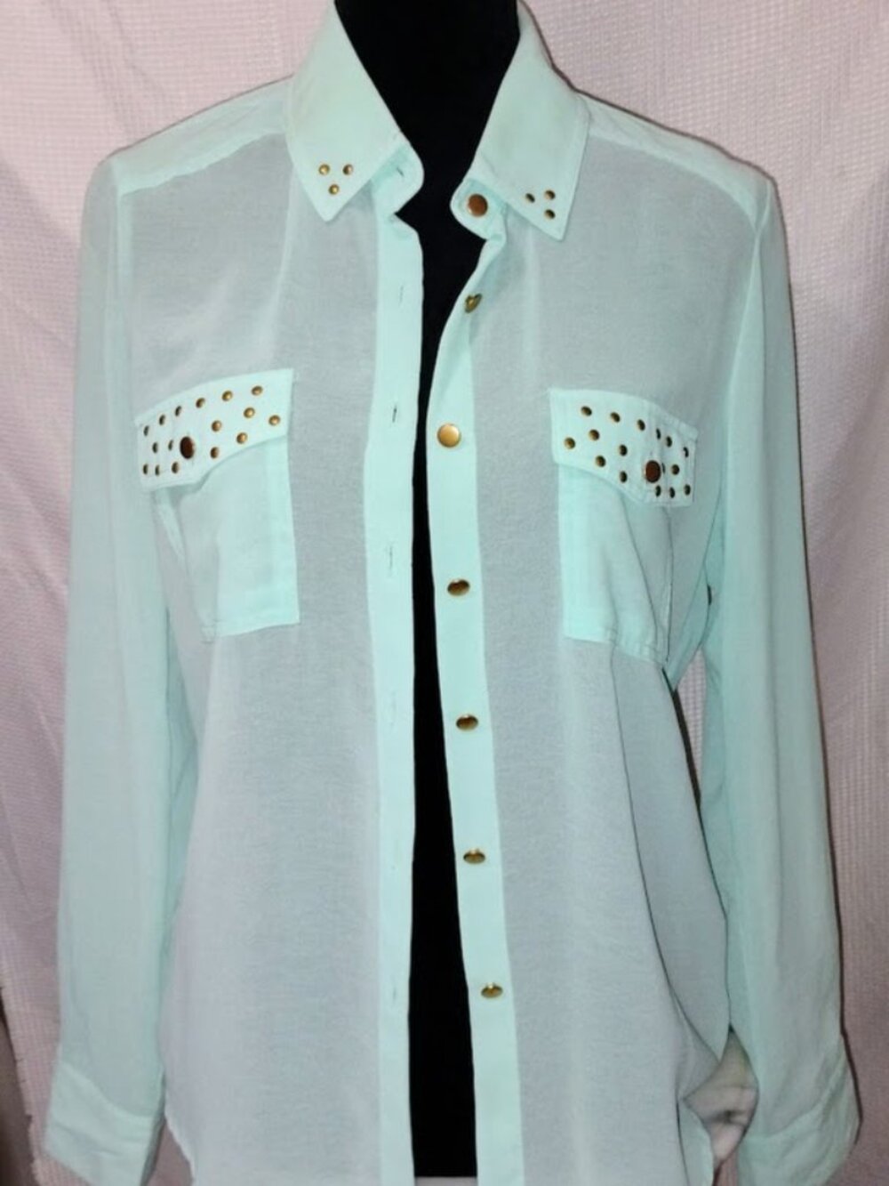 MNK mint green semi-sheer button-down blouse Size Medium